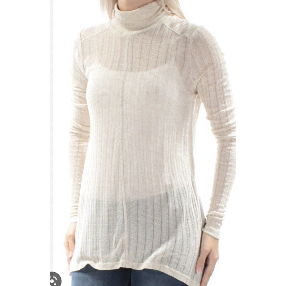 Lucky Brand Women's Size M Long Sleeve Turtle Neck Sheer Ribbed Tunic Beige NEW